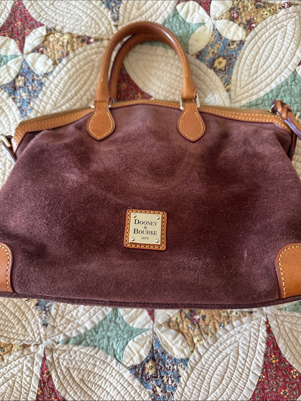 Dooney & Bourke Brown Suede Satchel with Tan Leather Trim
